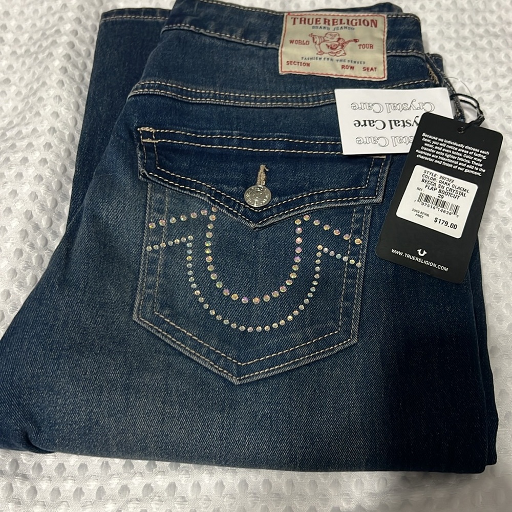 True Religion Blue Jeans with Vintage Wash and Horseshoe Stitching